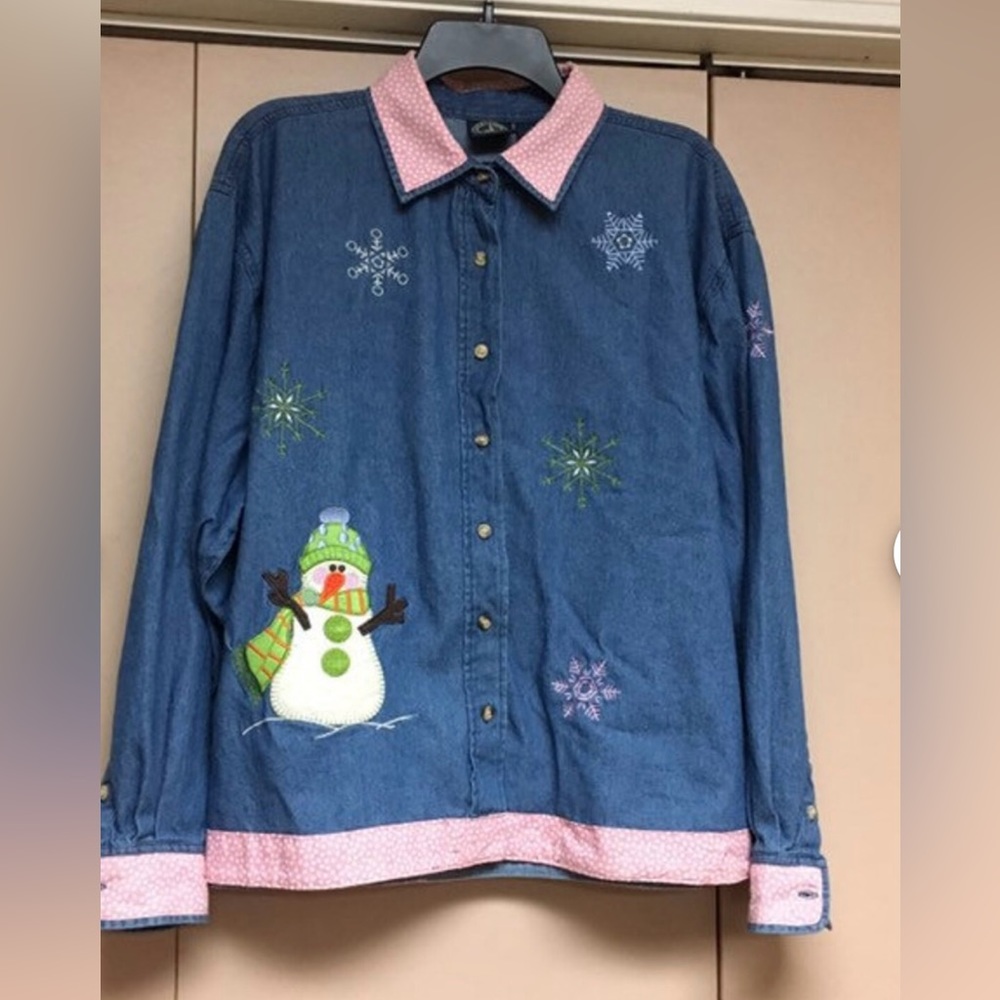 Vintage Ugly Christmas Shirt, Holiday Snowman Applique Denim Women’s size XL